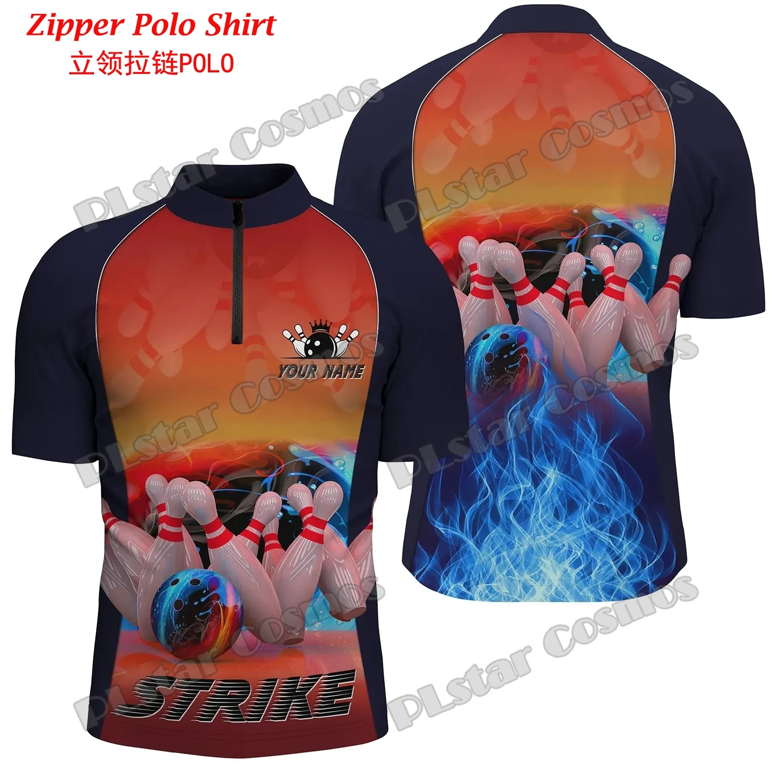 Mens Fashion Quarter Zip - Personalized Red Flame Bowling Ball and