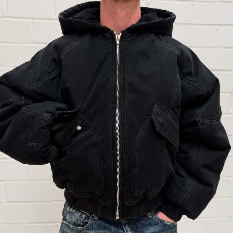 Mens Fashion Bomber Jacket - Men Oversized Washed Canvas Hooded Bomber