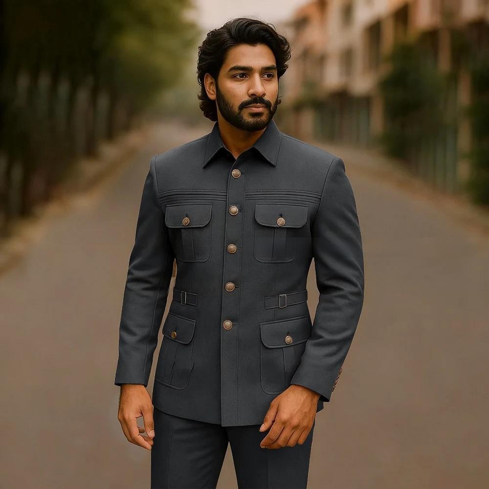 Mens Fashion Dark Grey Pants - Fashion Dark Grey Men Suits Elegant