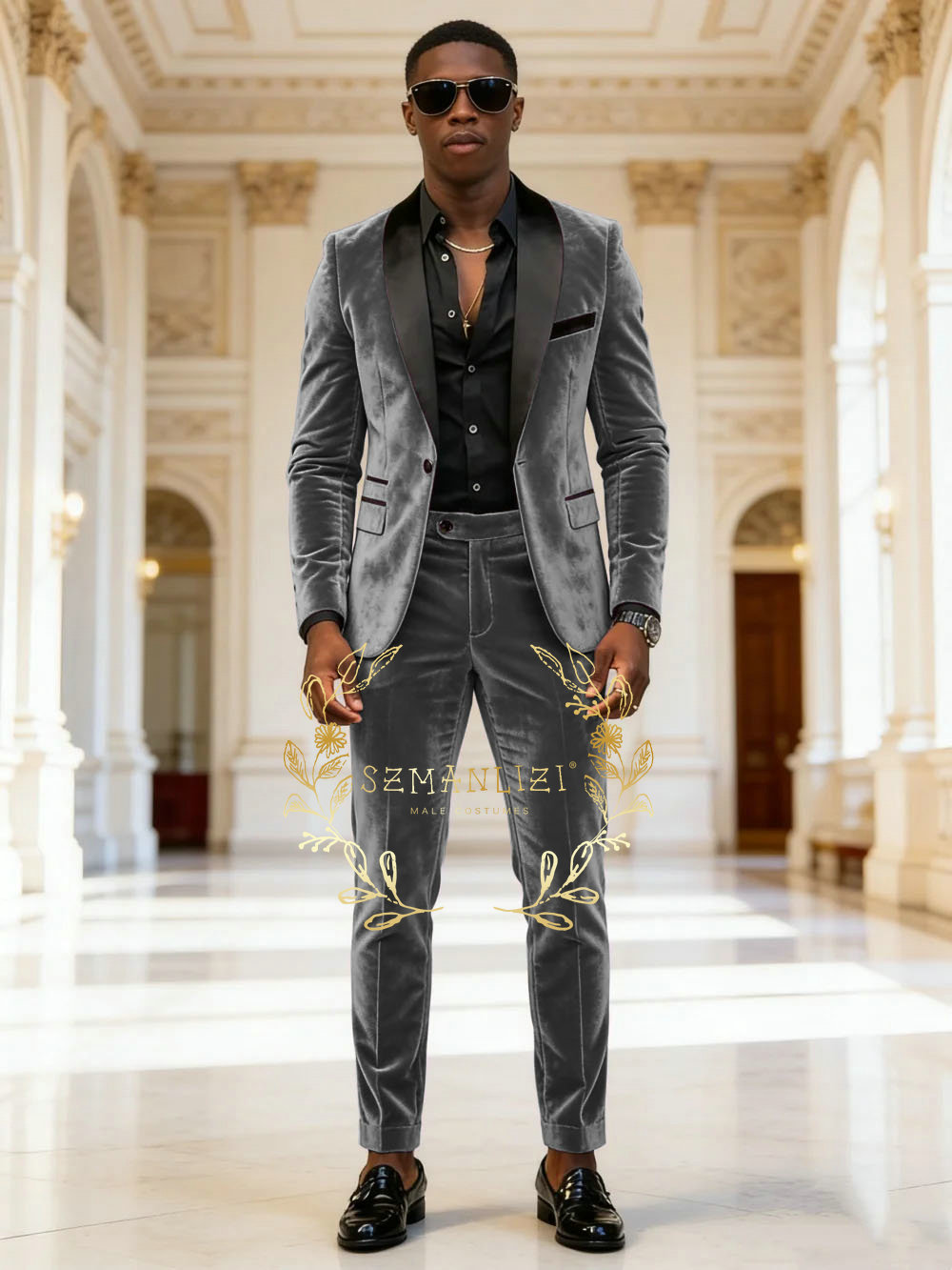Dark Grey Velvet 2 Pieces Men  - Mens Fashion Dark Grey Pants ulasan dan harga