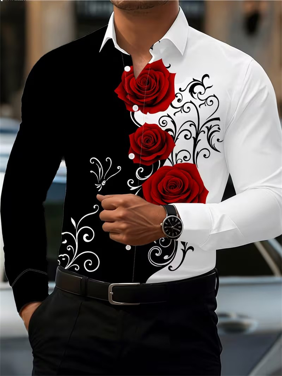 Men's Red Rose Print Long-Slee - Men Fashion Upper ulasan dan harga