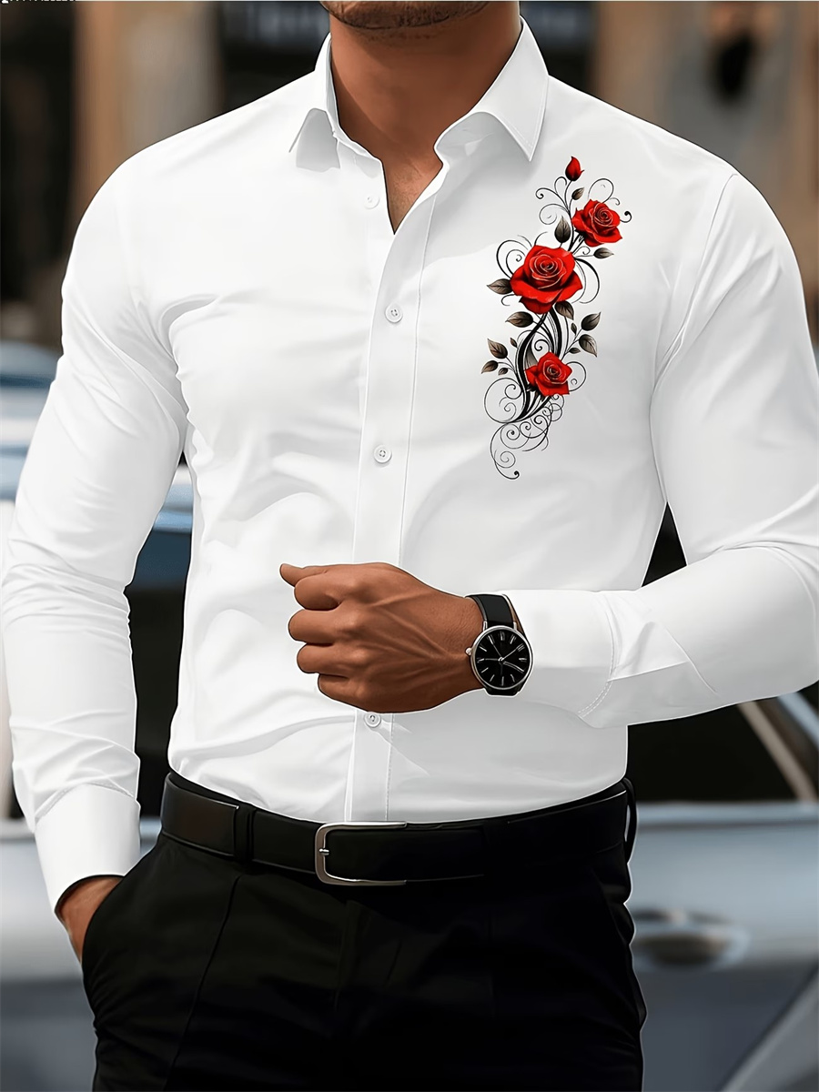 Men's Red Rose Print Long-Slee - Men Fashion Upper ulasan dan harga