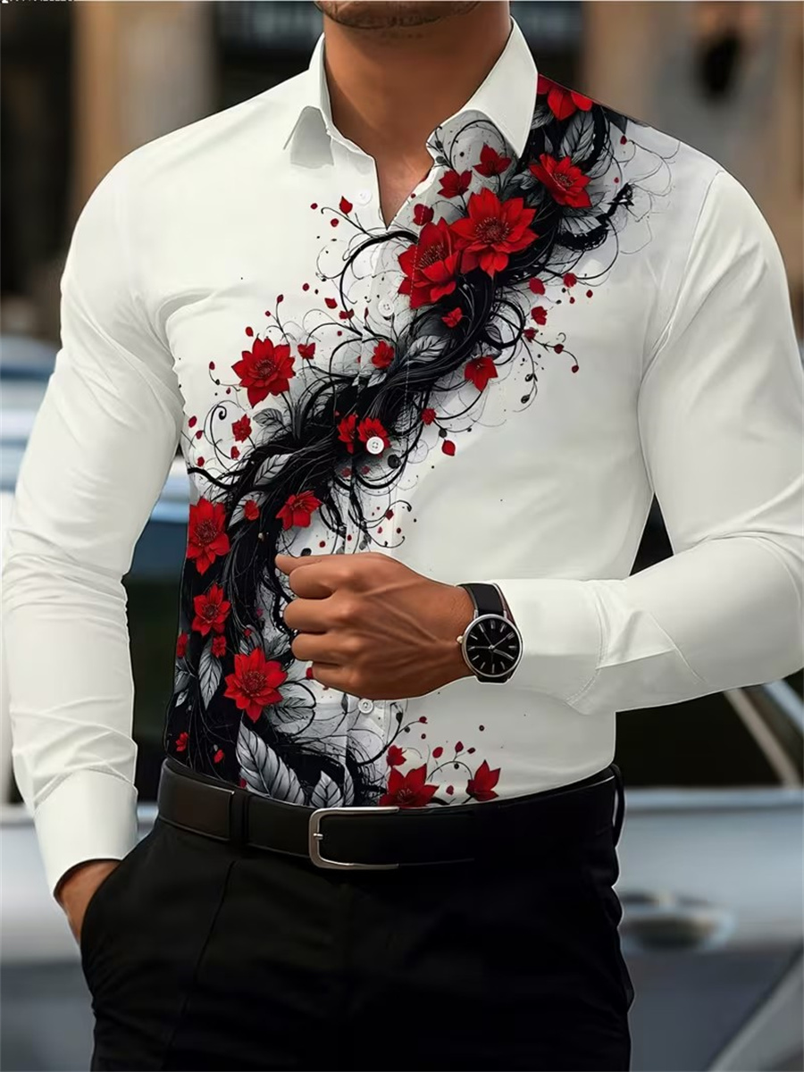 Men's Red Rose Print Long-Slee - Men Fashion Upper ulasan dan harga